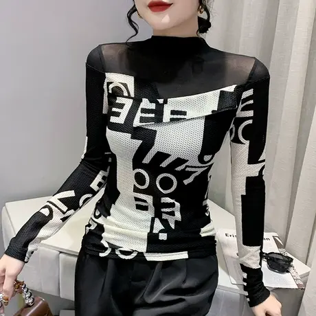 性感网纱上衣女士复古漂亮气质T恤显瘦长袖洋气半高领打底衫春秋商品大图