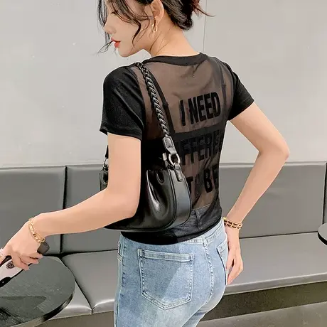 性感透视露背T恤女短袖夜店风夏装辣妹短款上衣洋气百搭修身小衫商品大图