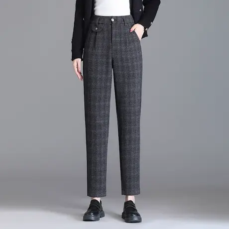 2023秋季新款羊毛呢格子休闲裤女高腰显瘦小直筒裤洋气妈妈哈伦裤商品大图