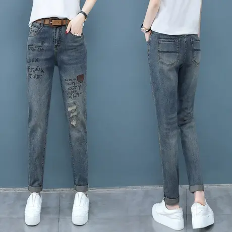 破洞老爹牛仔裤女宽松2023年春秋新款潮时尚显瘦百搭九分哈伦裤子图片