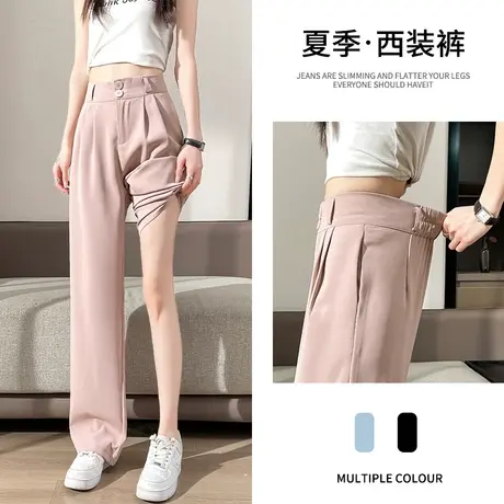 粉色西装裤女春秋季款2023年新款高腰拖地阔腿裤宽松直筒休闲裤子图片