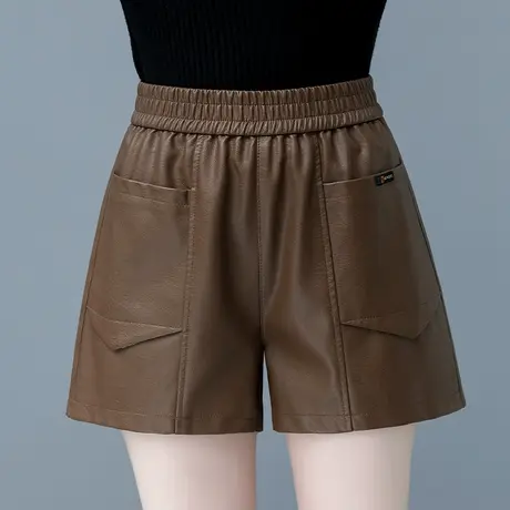 咖色皮短裤女2023新款高腰外穿a字阔腿显瘦皮裤时尚百搭PU皮靴裤商品大图