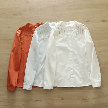 春秋日系文艺小清新绣花纯棉长袖衬衫女学生宽松百搭白色打底上衣图片