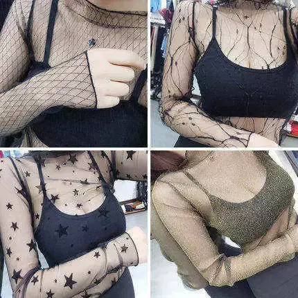 2023秋冬新款网纱蕾丝打底衫女长袖大码高领内搭纯色长袖洋气上衣图片