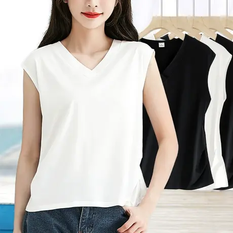 白色宽松v领打底衫女t恤砍肩袖背心内搭外穿鸡心领无袖上衣薄款商品大图