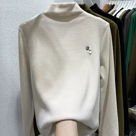 双面磨毛德绒高领打底衫女秋冬2022新款纯色百搭加厚上衣长袖T恤图片