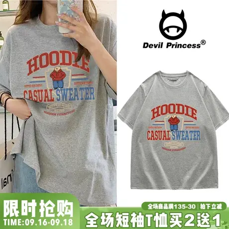 vintage美式复古字母印花纯棉短袖女t恤休闲灰色2023韩版圆领半袖商品大图