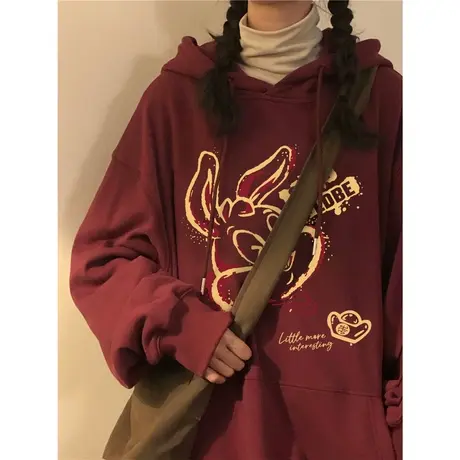 酒红色卫衣女冬潮牌oversize连帽外套宽松大码小众设计感兔子上衣商品大图