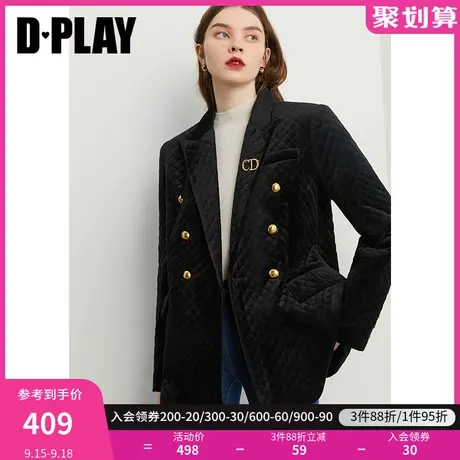 DPLAY秋装经典黑金属双排扣高密丝绒菱形格加厚绗棉西装外套图片