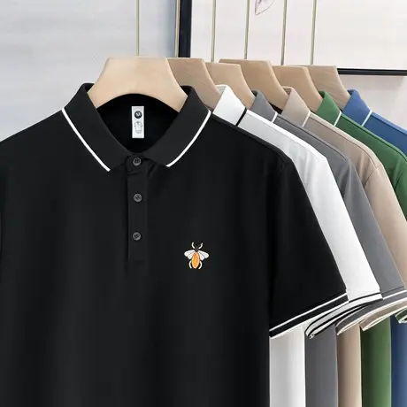 轻奢刺绣polo衫男士短袖2023夏季条纹冰丝翻领保罗衫修身休闲T恤商品大图