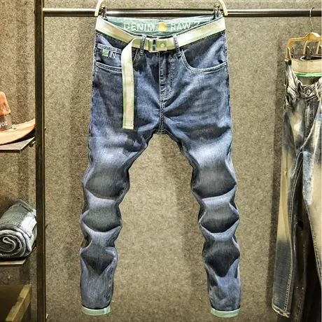 蓝色休闲牛仔裤男士夏季薄款修身小脚裤高街简约设计潮流男装裤子商品大图