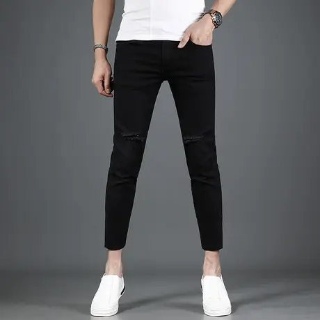 2023夏季新款黑色破洞九分牛仔裤男修身小脚轻薄款弹力男士裤子商品大图