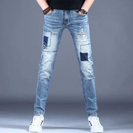 男士奢侈品牌烫钻牛仔裤男款修身小脚2023新款秋款弹力裤子欧美风商品大图