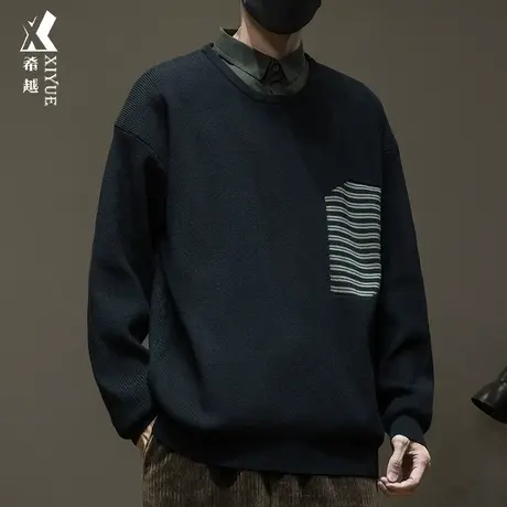 2023秋冬季新款男士假两件衬衫领毛衣男大码休闲男生Polo针织衫潮商品大图