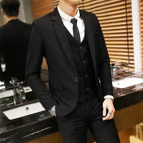 西服套装男三件套韩版修身休闲格子男士西装新郎服装结婚伴郎礼服商品大图