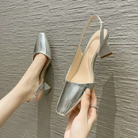 方头凉鞋女2023夏季新款包头侧空法式小众气质单鞋时尚粗跟高跟鞋图片