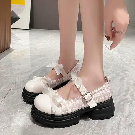 法式复古小香风单鞋女2023新款秋季女鞋厚底粗跟拼色玛丽珍小皮鞋商品大图