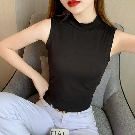 白色小高领纯棉无袖背心女夏季t恤短款漏脐修身外穿上衣ins潮黑图片