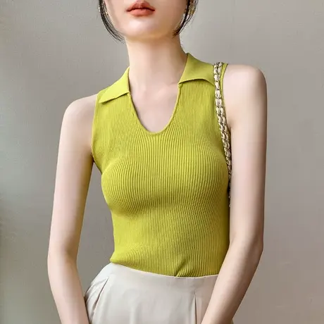 歌倍尚韩版POLO领无袖背心女夏季针织遮副乳纯色冰丝翻领挂脖上衣商品大图