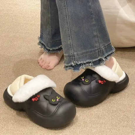 可爱猫咪包跟棉拖鞋女冬季室内外穿防水防滑厚底保暖加绒月子棉鞋商品大图