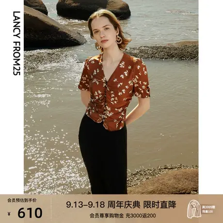朗姿桑蚕丝复古泡泡袖碎花内搭衬衫短袖上衣女2023年新款夏季衬衣图片