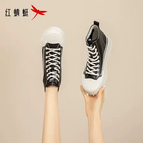 红蜻蜓女鞋2022年春秋新款ins潮高帮帆布鞋黑色百搭时尚休闲板鞋图片