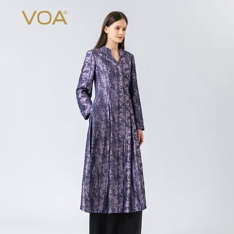 VOA真丝色织提花紫色印花单排扣钉珠长袖长款裙摆式桑蚕丝外套商品大图