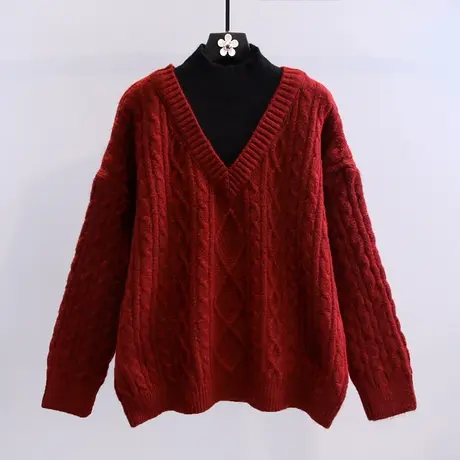 假两件麻花高领毛衣女冬季2023新款复古慵懒风宽松洋气打底针织衫商品大图