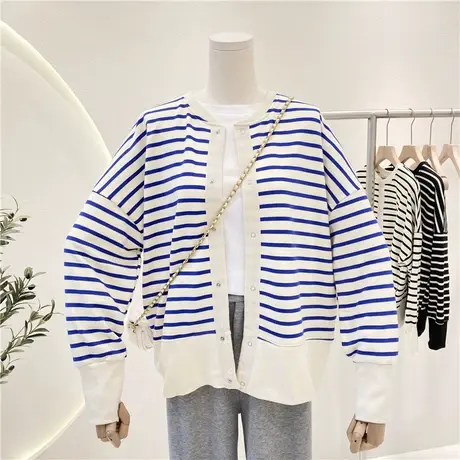 卫衣女春秋薄款2021新款韩版ins海军风撞色条纹宽松开衫外套上衣商品大图