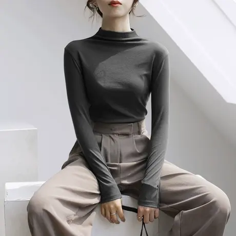 2023新款春秋冬季新款半高领打底衫白色内搭洋气长袖t恤女上衣服商品大图