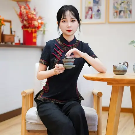 筠雅夏季新款经典中式上衣女民国复古显瘦透气黑色唐装短袖25J192商品大图