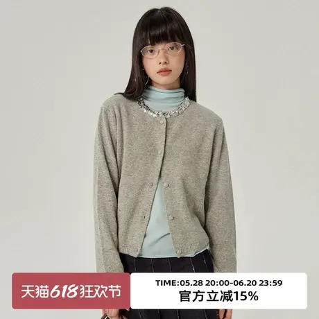 omont蛋挞家 100%绵羊毛针织开衫春秋亮片圆领百搭宽松针织衫毛衣商品大图