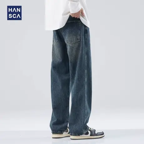 hansca宽松直筒牛仔裤男2024年春季耐磨复古水洗做旧宽松阔腿长裤商品大图