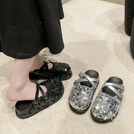 包头半拖鞋女外穿2024新款春秋小众设计感配裙子亮片休闲时尚凉拖图片
