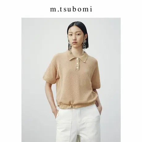 子苞米短袖抽绳收腰镂空POLO针织衫2024夏新款宽松气质翻领T恤女图片