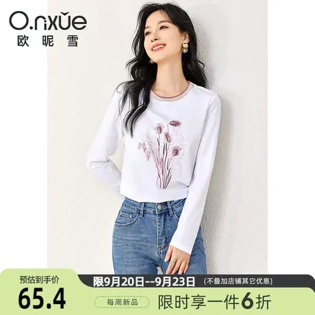 欧昵雪2023冬季新款减龄圆领印花烫图长袖T恤女宽松套头个性上衣商品大图