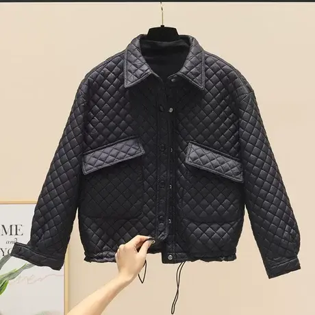 2023冬季新款时尚菱格休闲显瘦短款韩版棉衣女宽松轻薄棉服外套图片