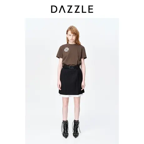 DAZZLE地素奥莱23春装新款复古简约休闲别致刺绣短袖T恤上衣内搭图片