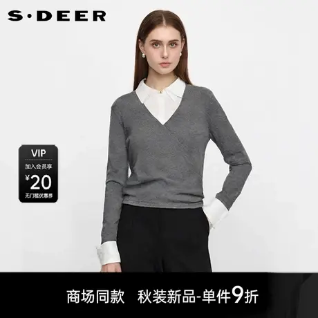 【商场同款】sdeer圣迪奥女OL风翻领肌理假两件针织衫S25383504图片