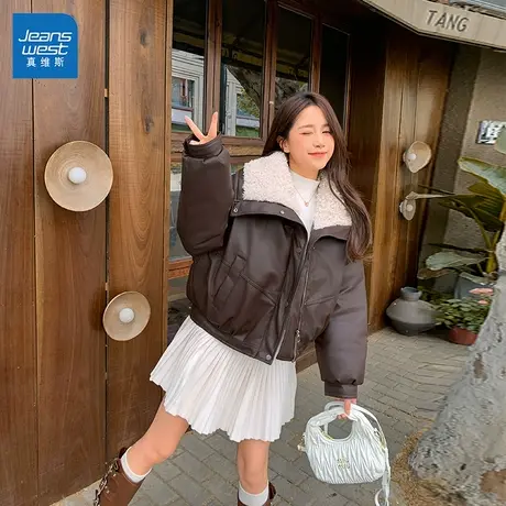 GL真维斯咖色短款翻领棉服女2025新款冬季小个子百搭气质保暖外套图片