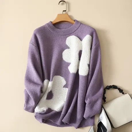 春装新款圆领套头针织衫女韩版宽松大码长袖上衣短款洋气时尚毛衣图片