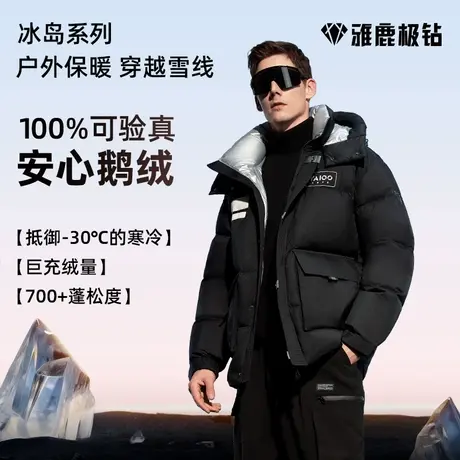 【极钻】雅鹿冰岛系列短款连帽羽绒服男款鹅绒机能工装外套加厚图片