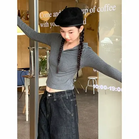 KV真维斯磨毛连帽打底衫女2025新款秋冬帽衫修身短款内搭灰色上衣商品大图