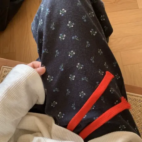 新品！深蓝碎花磨毛睡裤女秋冬季保暖家居裤有口袋可外穿商品大图
