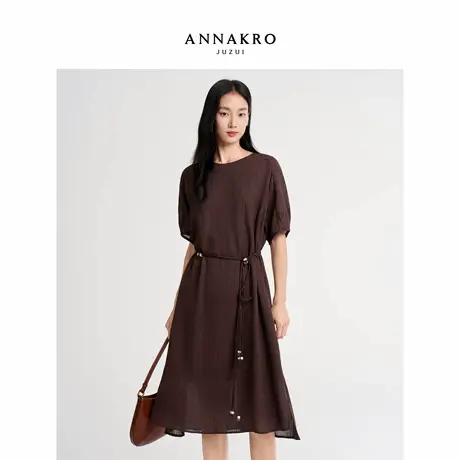 玖姿安娜蔻松弛老钱风肌理雪纺收腰短袖连衣裙女2026春季新款图片