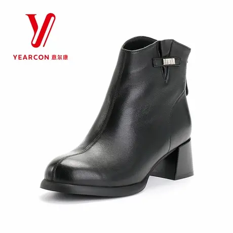 意尔康女靴2025新款冬季真皮短靴女粗跟加绒靴子高跟时装靴短筒靴图片