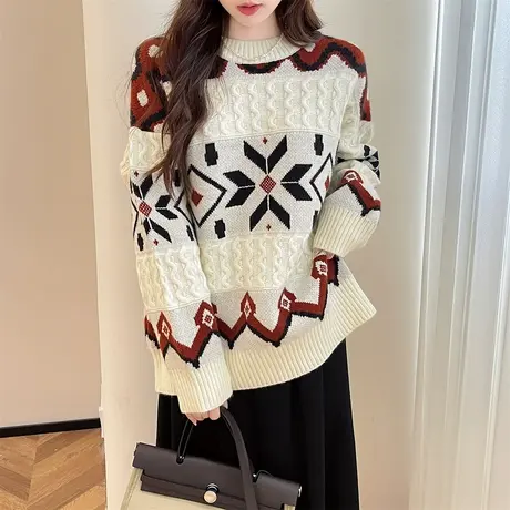 唐狮秋冬新款毛衣女超好看复古风图案宽松圆领套头慵懒风高级感TD图片