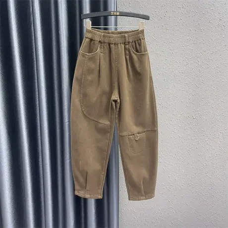 欧货萝卜垮裤女秋冬新款咖啡色松紧腰加绒加厚休闲百搭九分哈伦裤商品大图