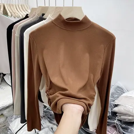 短款褶皱下摆长袖T恤女秋季修身半高领上衣内搭小个子螺纹打底衫商品大图