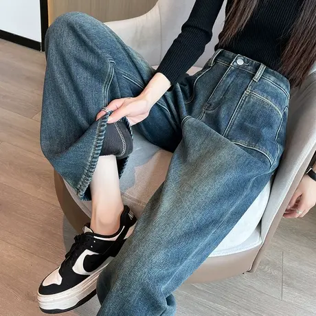 复古高腰直筒牛仔裤女2023年秋冬新款宽松显瘦加绒加厚垂感阔腿裤商品大图